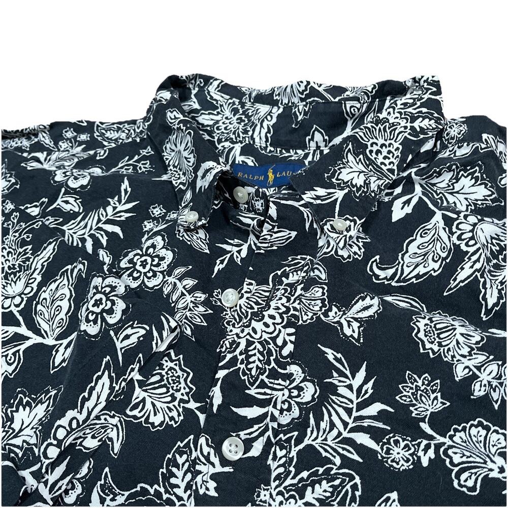 Polo Ralph Lauren Floral Shirt Men's 3XB Short Sleeve Button-Down Black White